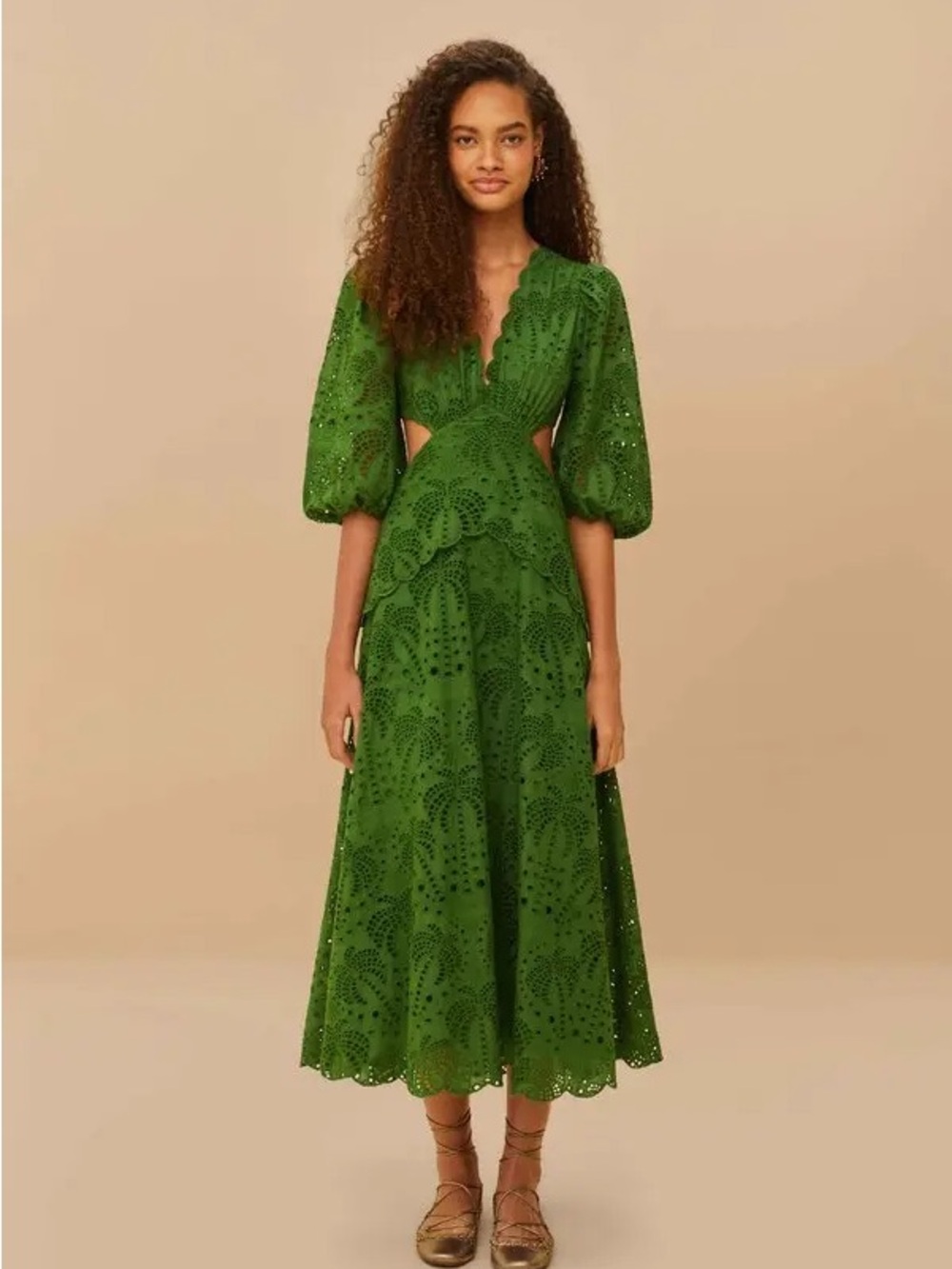 FARM RIO Green Richelieu Eyelet Cutwork Midi Dress Size XS Puff Sleeves